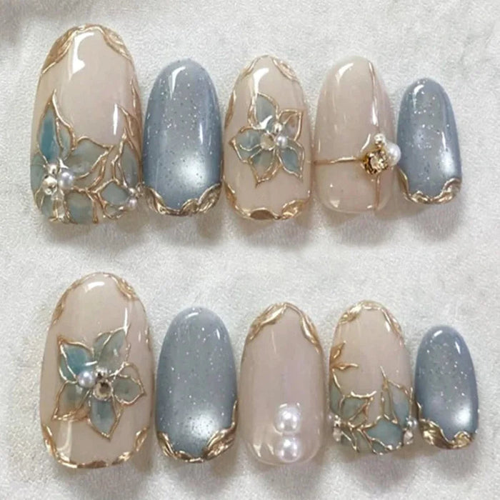 Blue-Gray and Nude Floral Press-On Nails with Gold Details