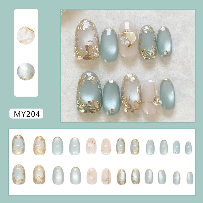Blue-Gray and Nude Press On Nails with Gold Foil and Pearl Accents