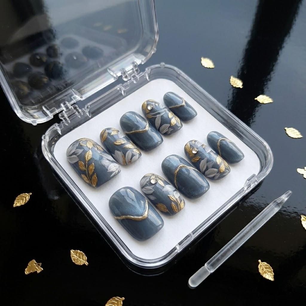 Blue-Gray Cat Eye Nails With Gold Leaf and Botanical Details