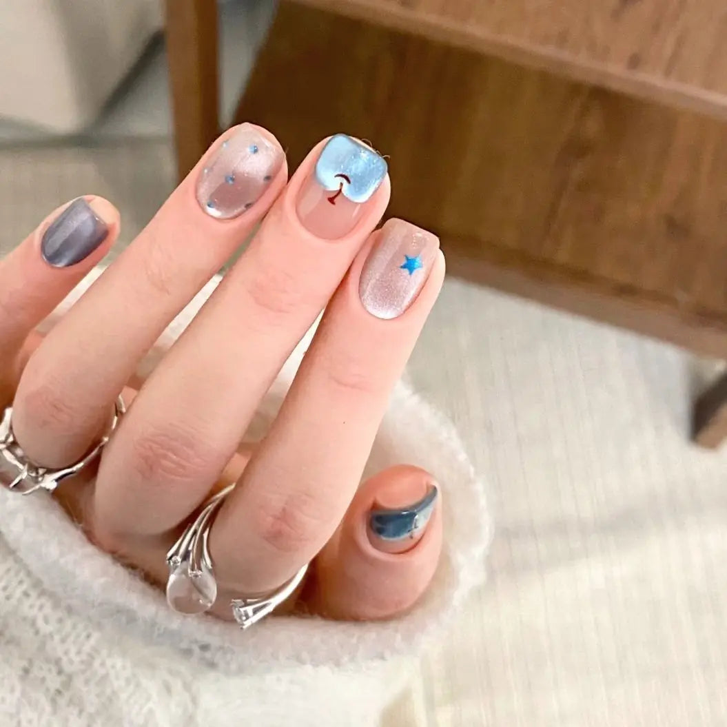 Blue Gray Cat Eye Swirl Press On Nails With Star Accents
