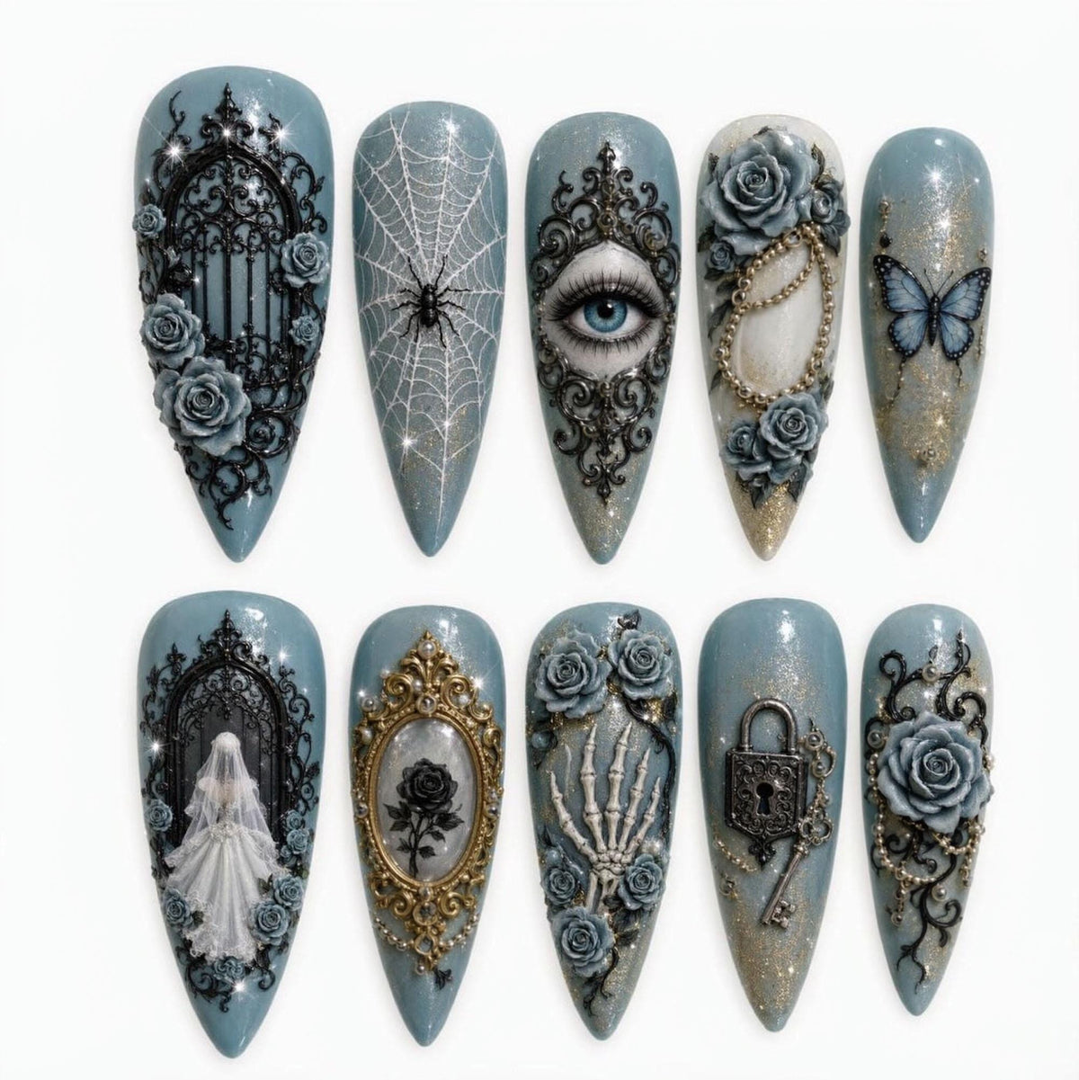 Blue-Gray Gothic Rose and Victorian Lace Press-On Nail Set