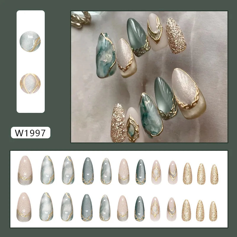 Blue Green Marble Press On Nails with Gold Veining and Glitter