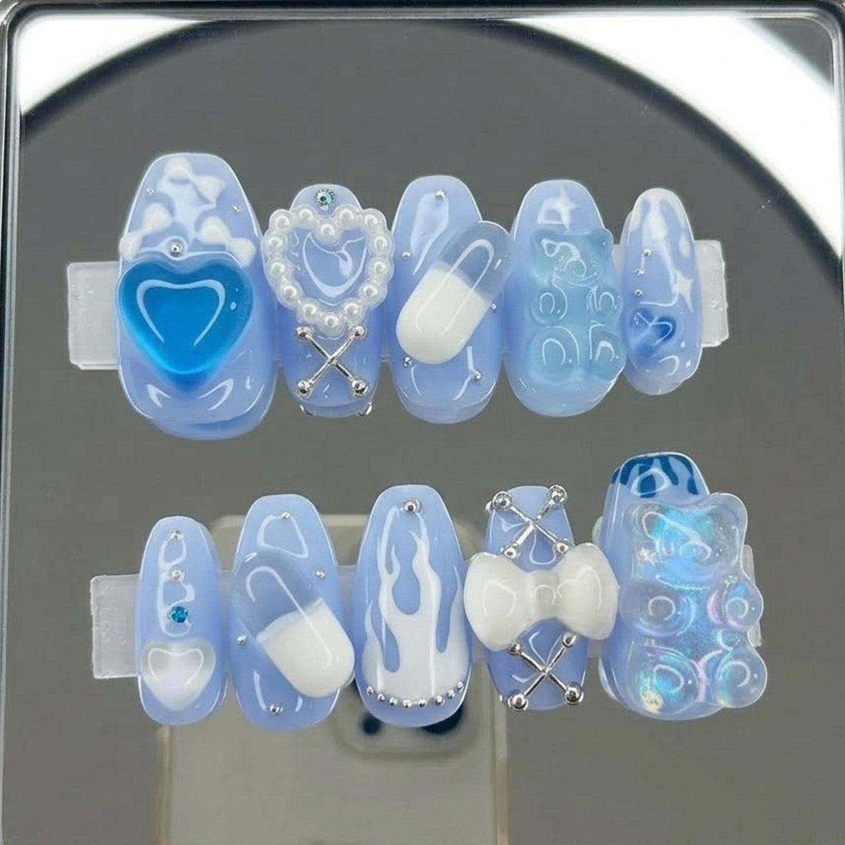 Blue Jelly Gummy Bear-Inspired Press-On Nails With 3D Details, Y2K Kawaii Style