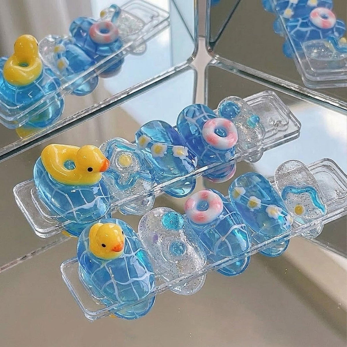 Blue Jelly Pool Party Nails With 3D Duck Charms