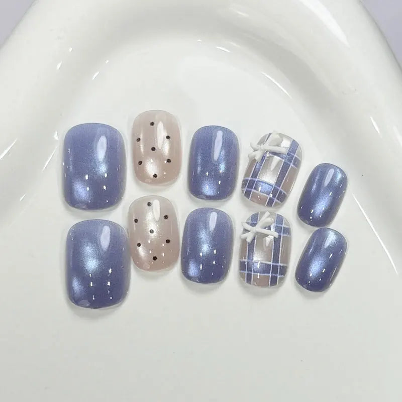 Blue Lavender Cat-Eye Plaid Nails with Raised White Bows and Spotted Accents