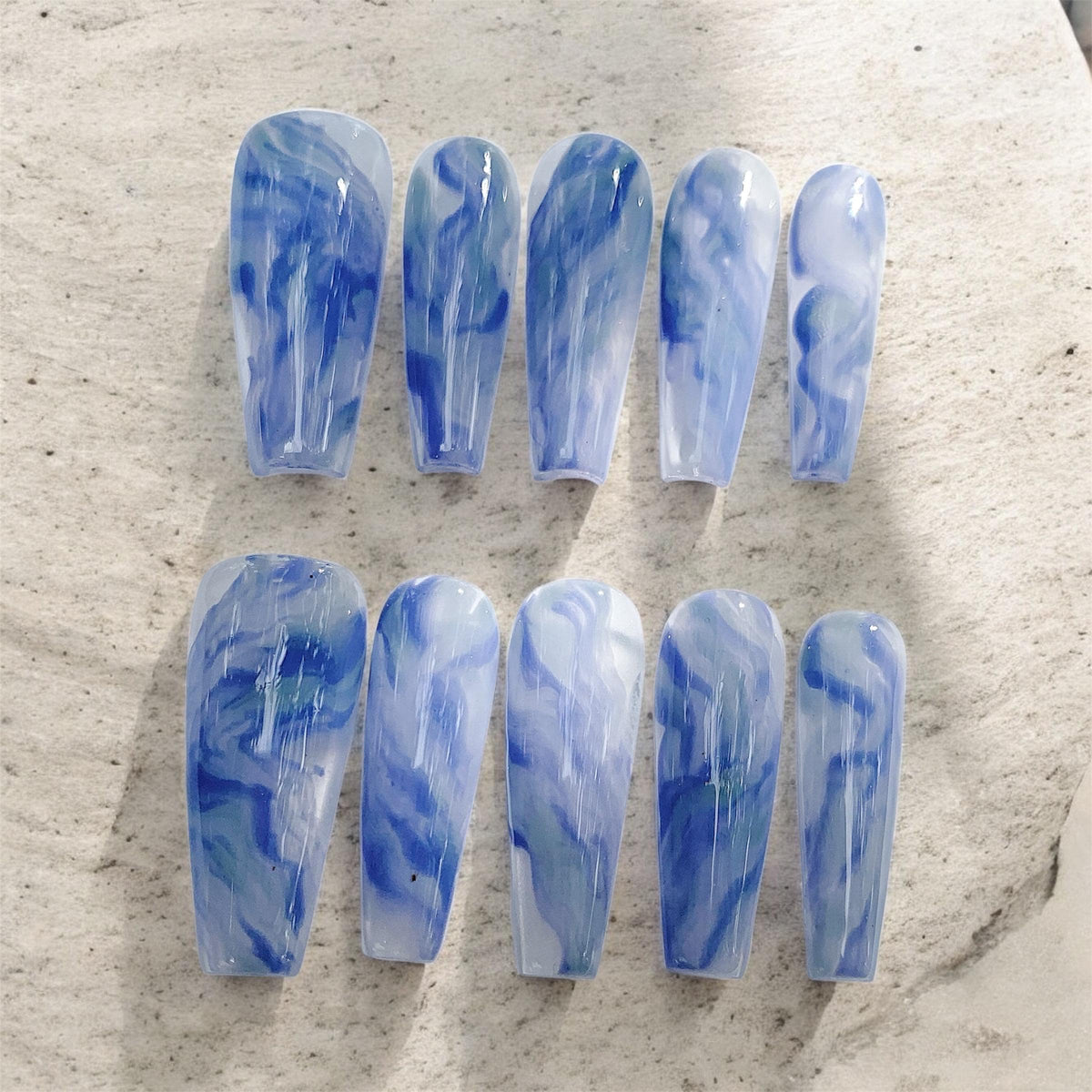 Blue Marble Press-On Nail Set with Translucent Milky-White Bases