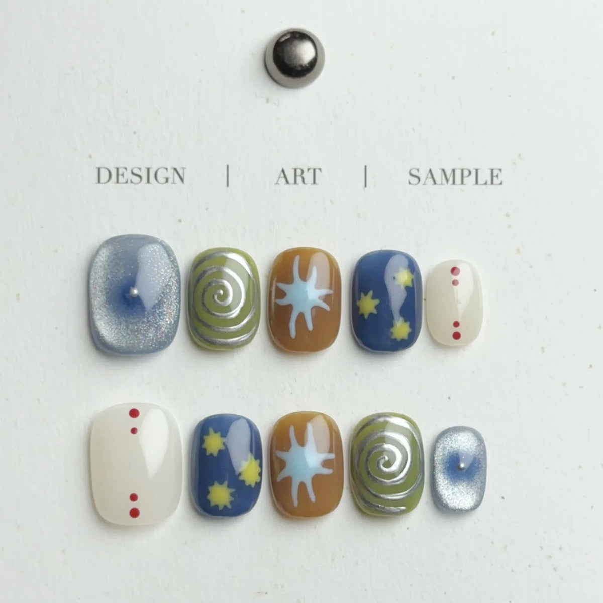 Blue, Olive Swirl, Starburst and Polka Dot Press On Nails