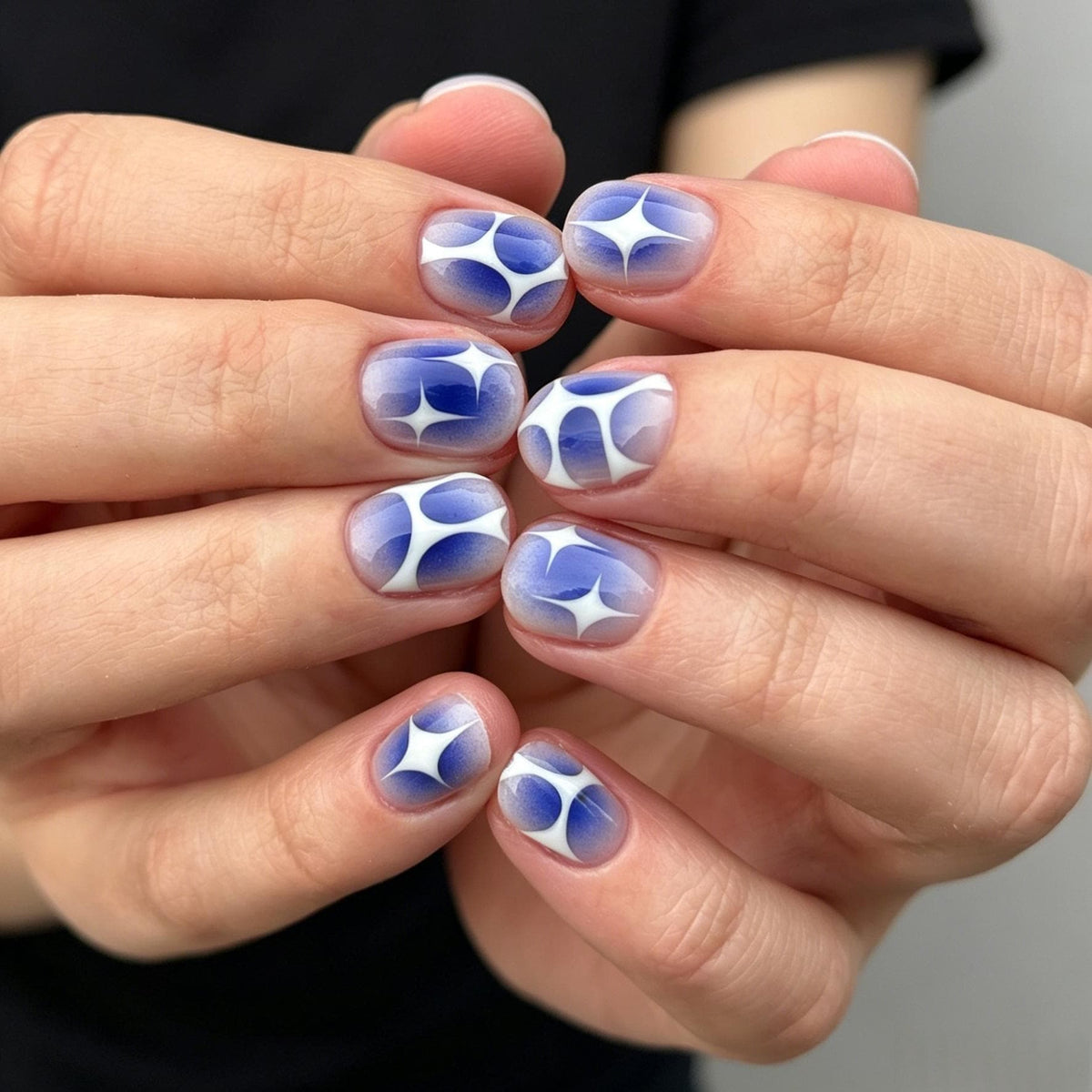 Blue Ombre Starburst Press-On Nails With White Abstract Accents