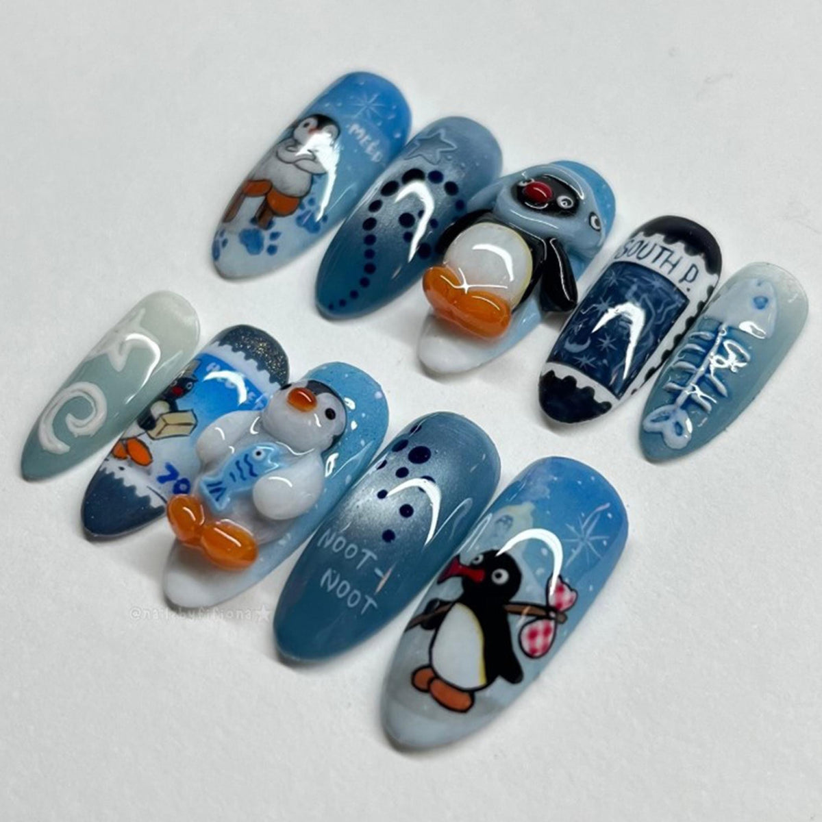 Blue Penguin Press-On Nails With 3D Figures, Fish, Snowflakes, and Playful Text