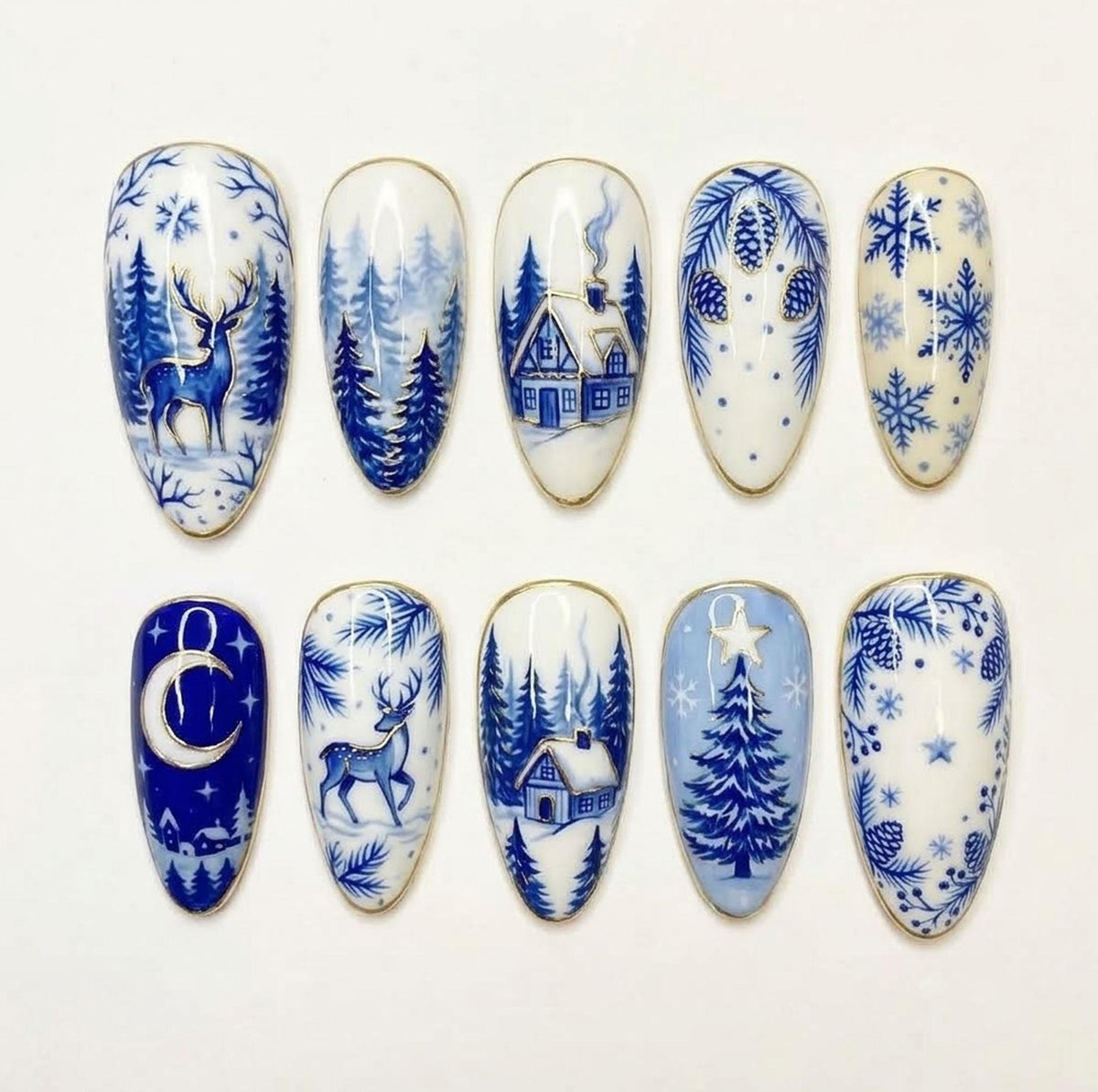 Blue Porcelain Christmas & Winter Scene Press On Nails With Deer, Cabins & Gold Edging