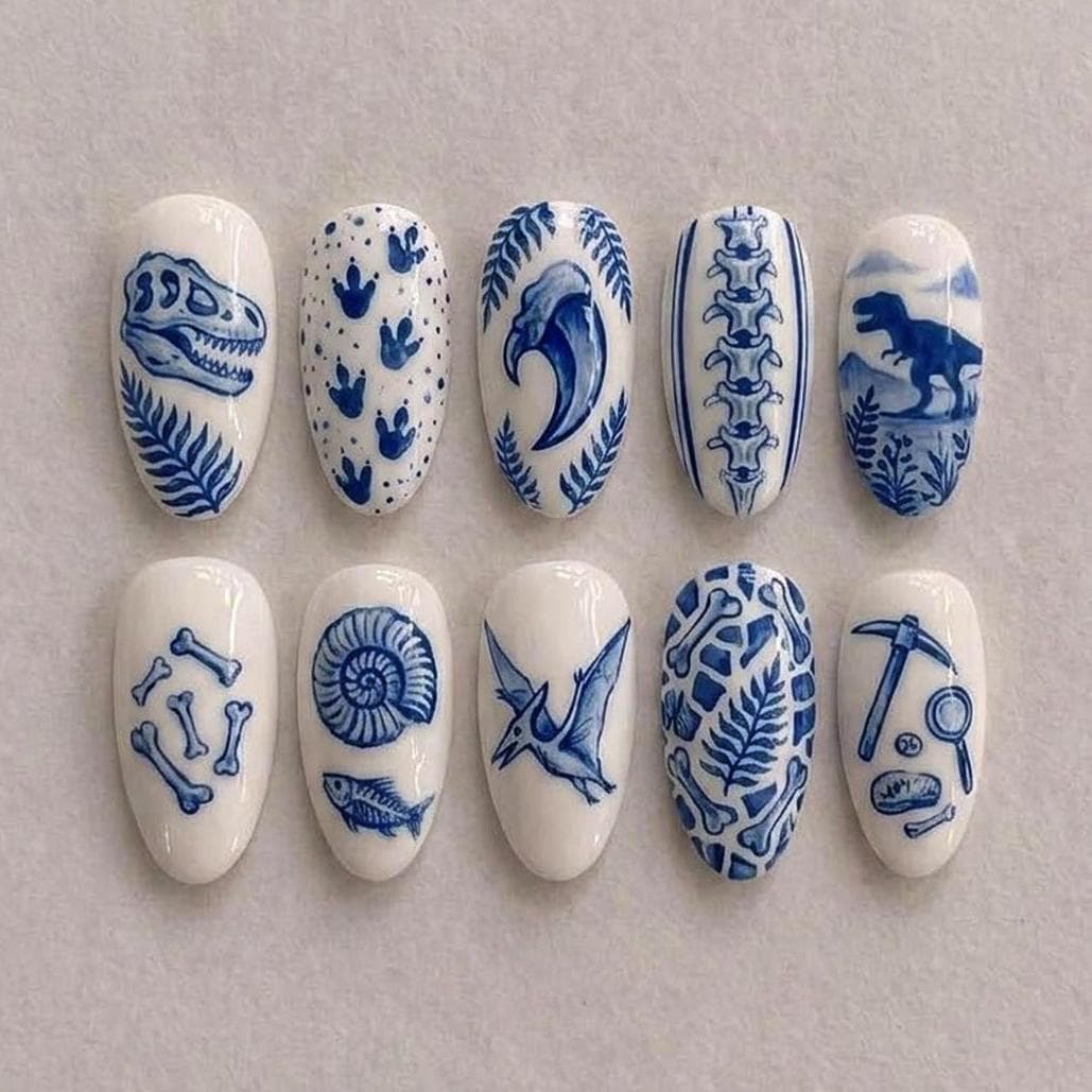 Blue Porcelain Dinosaur Fossil and Natural History Nail Set