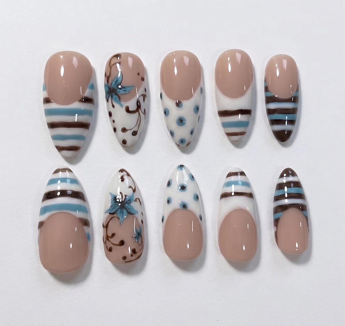 Blue Porcelain Floral and Striped French Tip Press On Nails