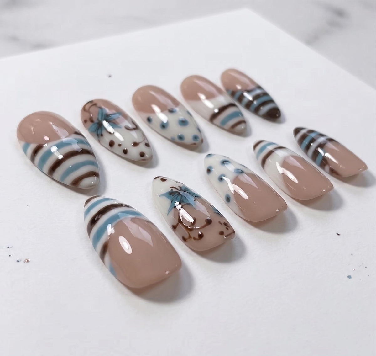 Blue Porcelain Floral and Striped French Tip Press On Nails
