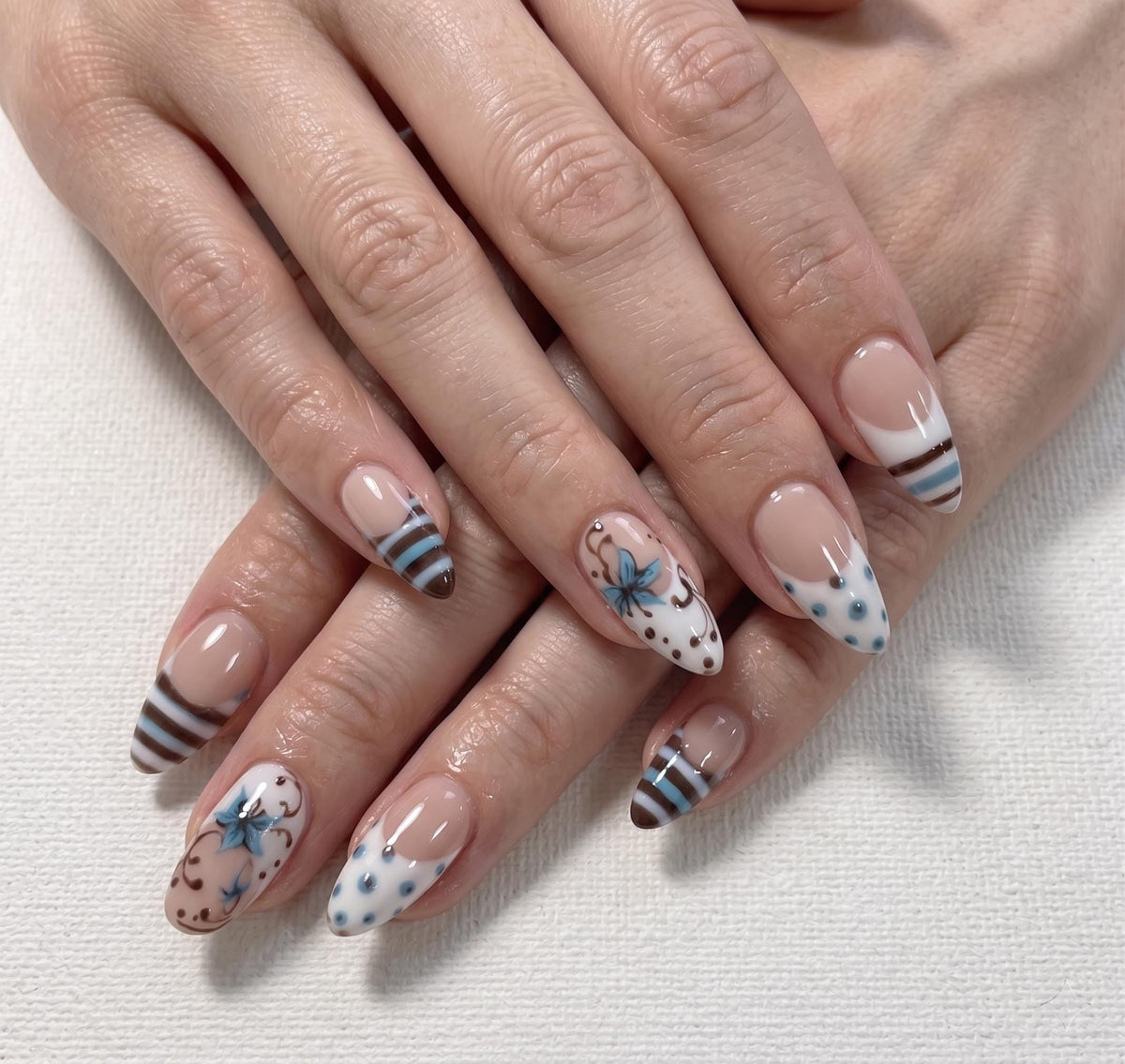 Blue Porcelain Floral and Striped French Tip Press On Nails