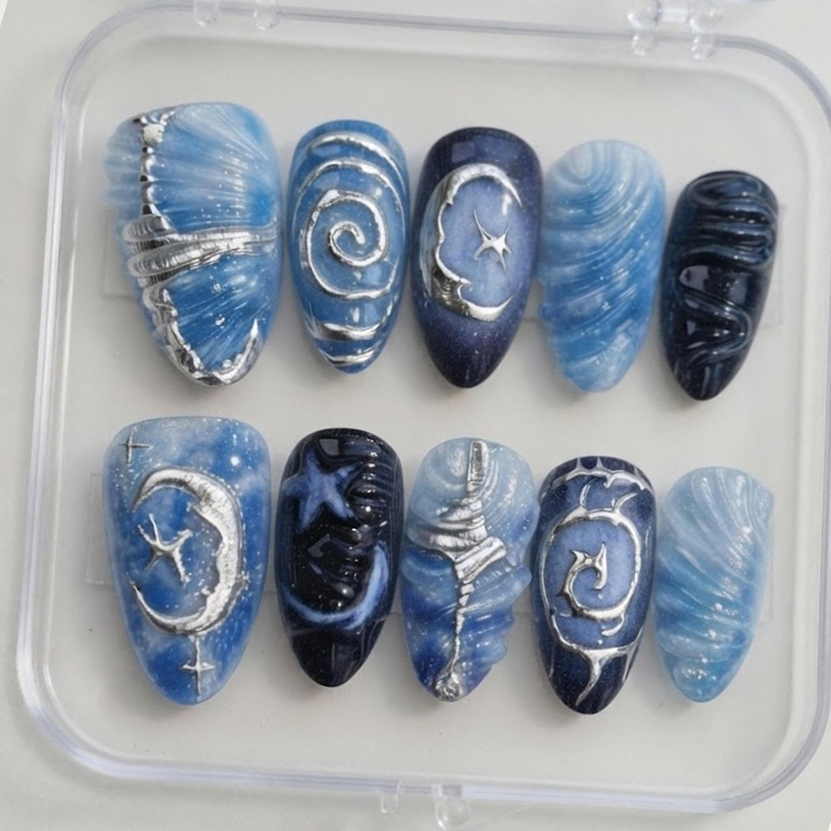 Blue Seashell Press-On Nails with Silver Waves, Moons and Stars