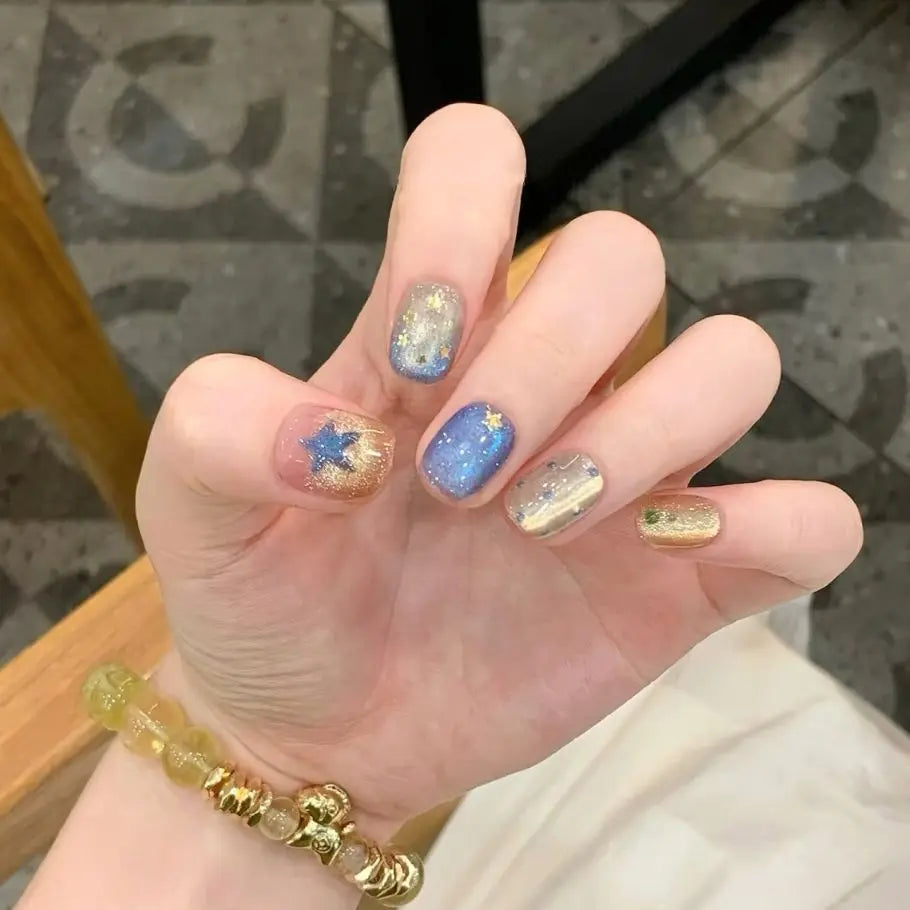 Blue, Silver and Gold Cat Eye Star Press On Nails