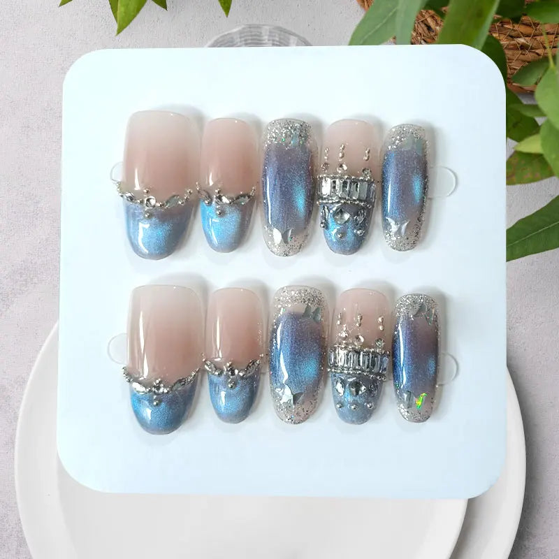 Blue-Silver Cat Eye Castle Press-On Nails With Rhinestones