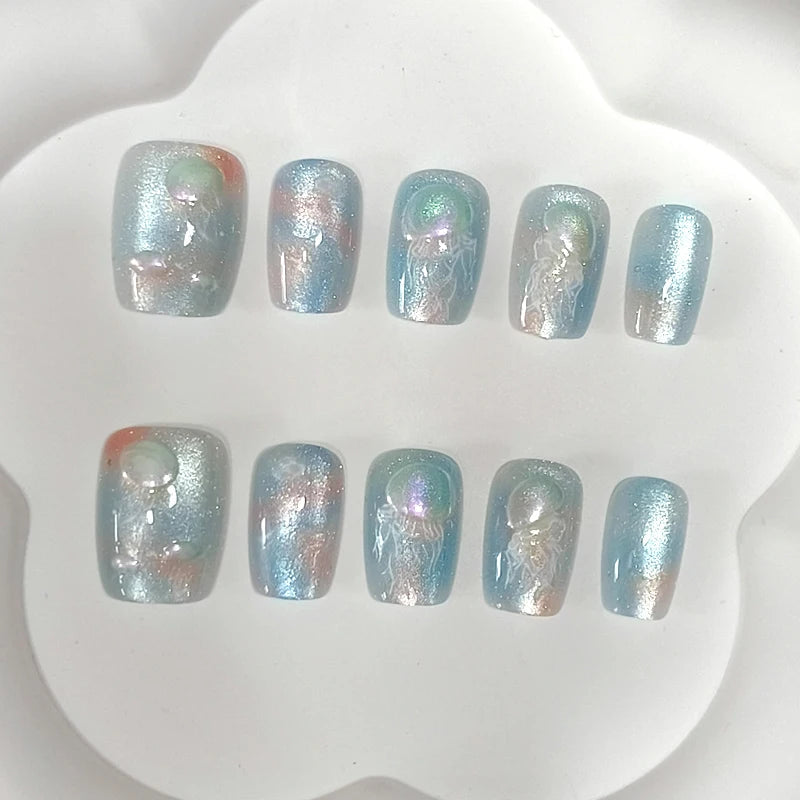 Blue Silver Cat Eye Jellyfish Press On Nails