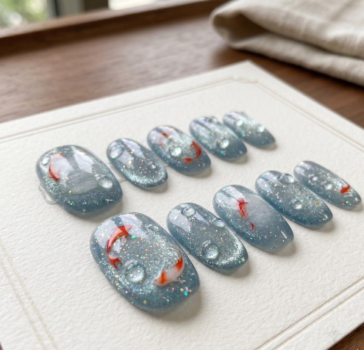 Blue-Silver Cat Eye Koi Fish Press On Nails With 3D Water Drops