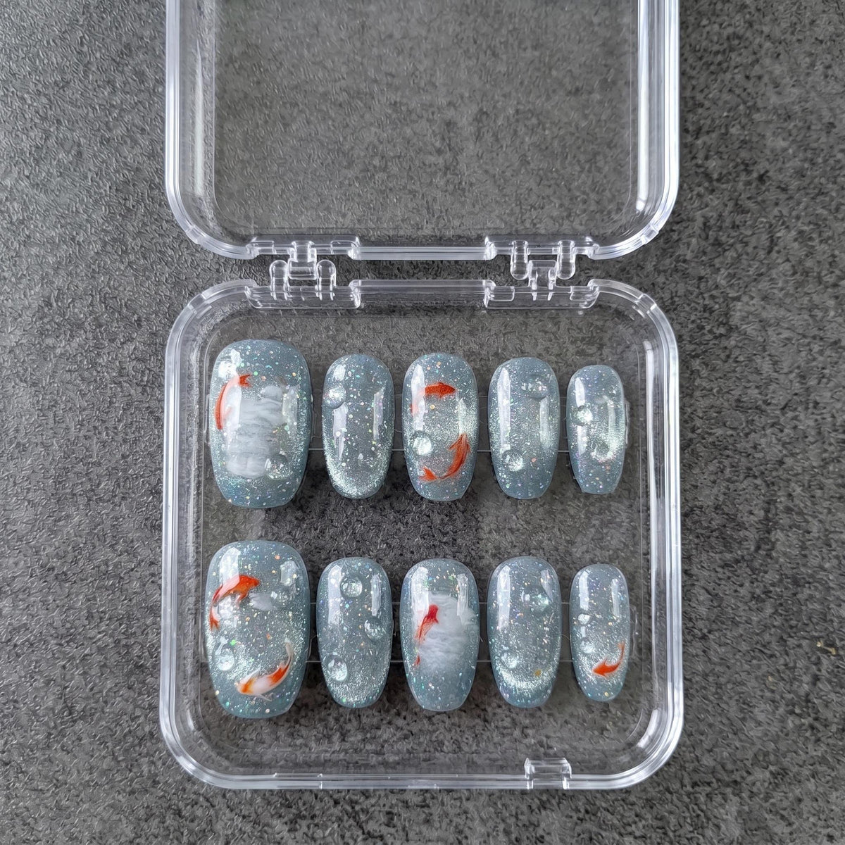 Blue-Silver Cat Eye Koi Fish Press On Nails With 3D Water Drops