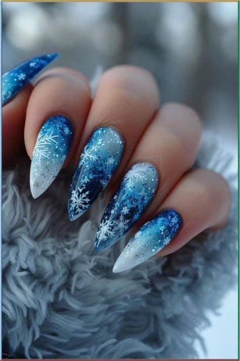 Blue Snowflake Glitter Ombre Press On Nails