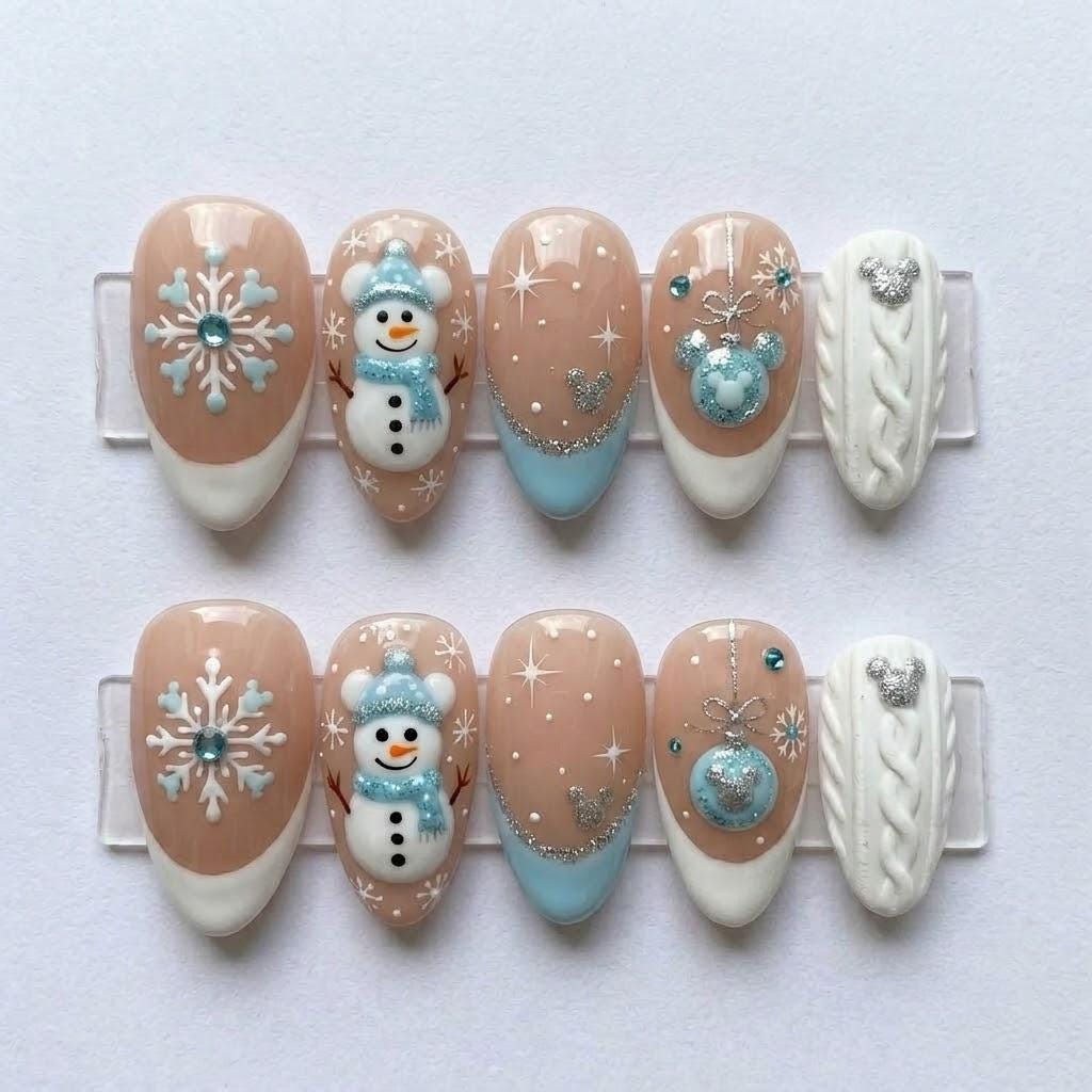 Blue Snowman and Cable-Knit Winter Nail Set with Snowflakes and 3D Details