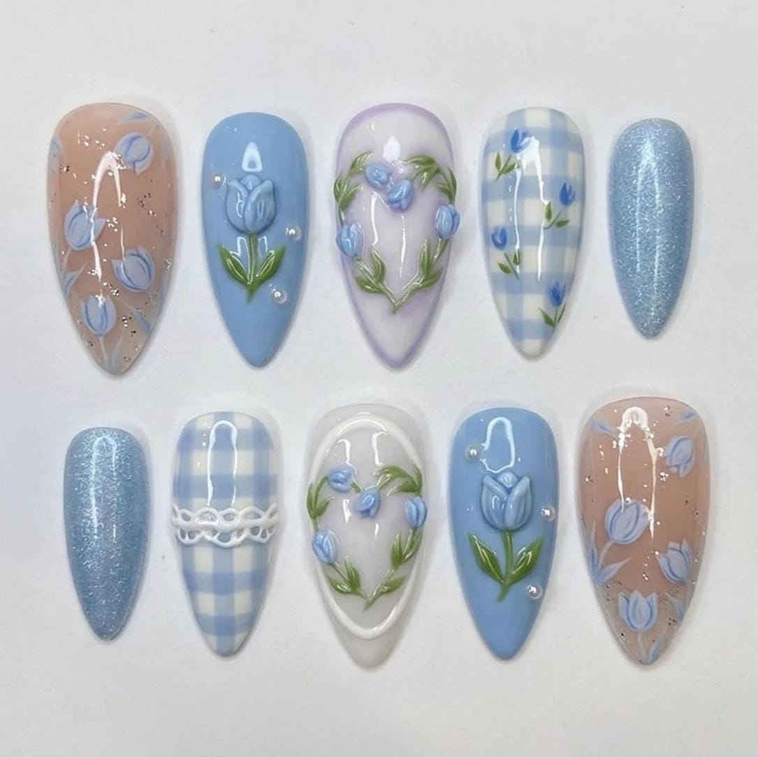 Blue Tulip and Gingham Floral Press-On Nails with Pearl-Like Accents