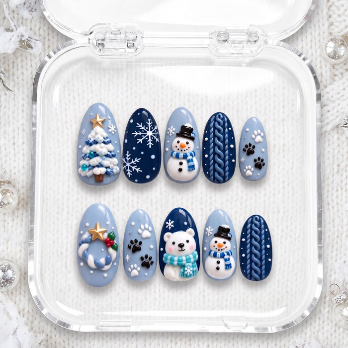 Blue Winter Press On Nails with Polar Bear, Snowmen, and Christmas Tree