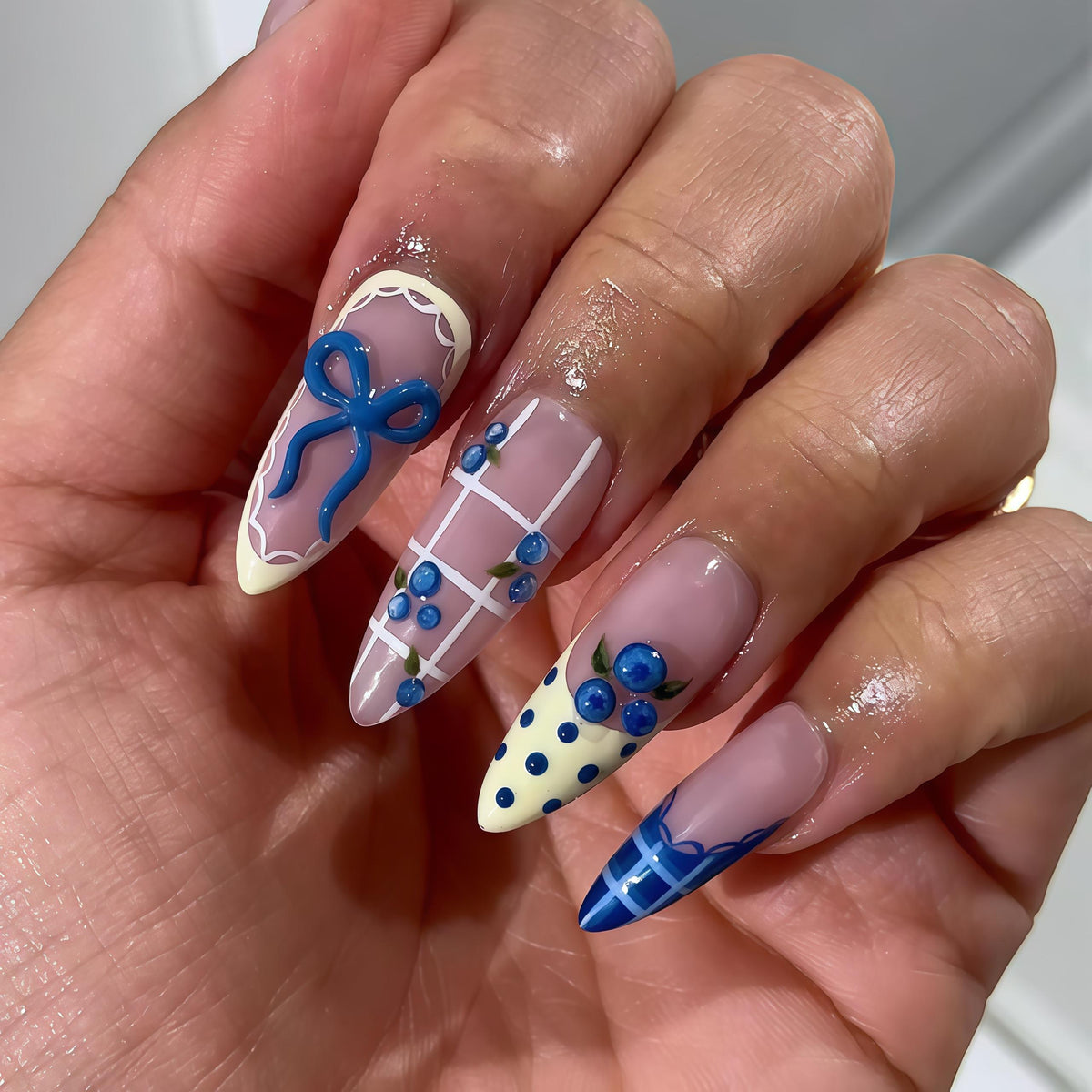 Blueberry and Bow French Tip Press On Nails with Grid and Polka Dot Details for Summer