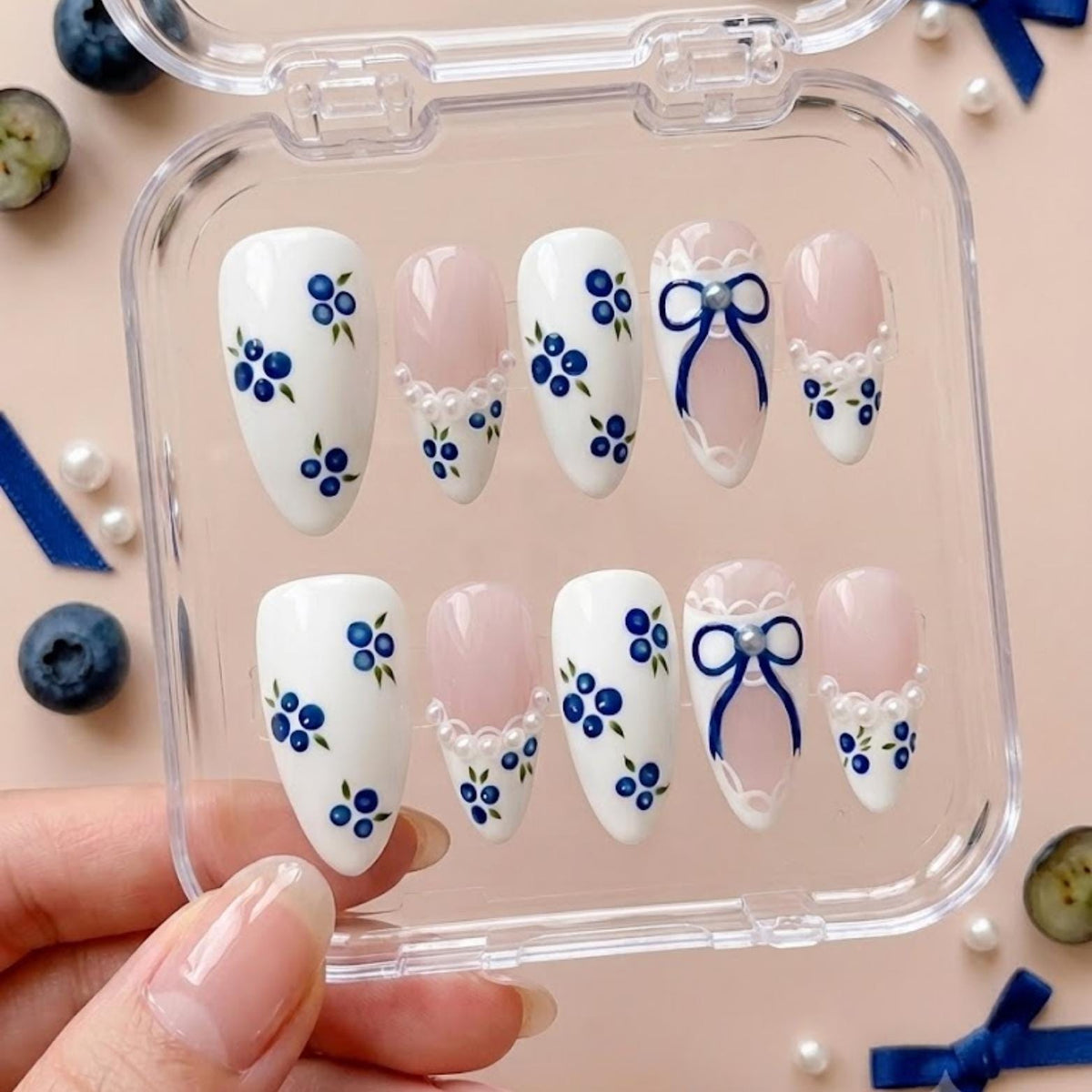 Blueberry and Pearl Bow Press On Nails with Lace Details