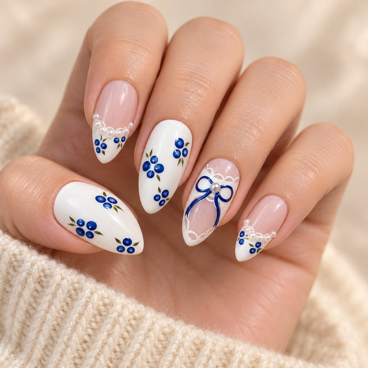 Blueberry and Pearl Bow Press On Nails with Lace Details worn on hand