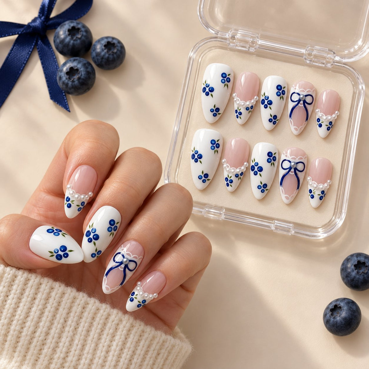 Blueberry and Pearl Bow Press On Nails with Lace Details worn on hand with acrylic storage box