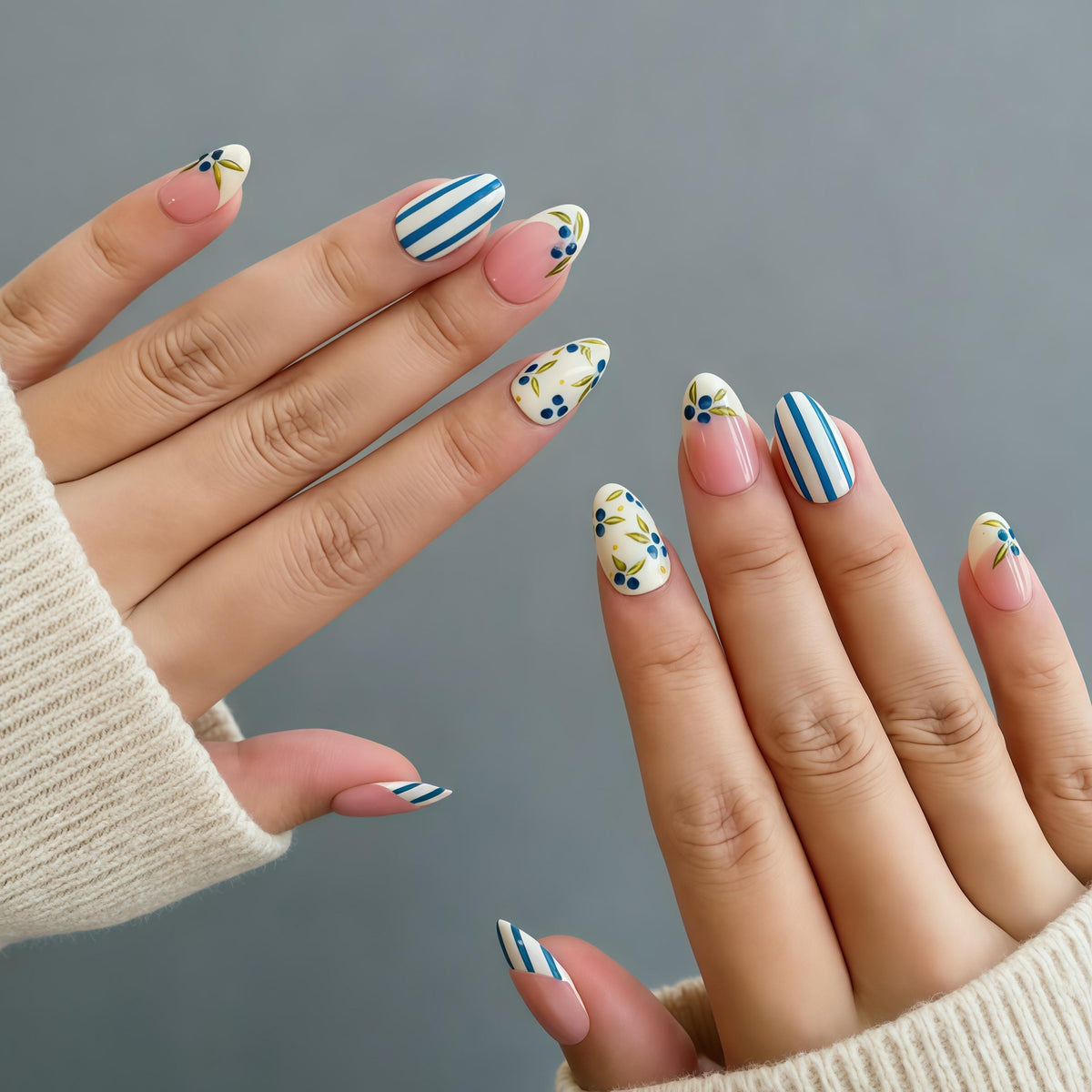 Blueberry Botanical Striped Press On Nails
