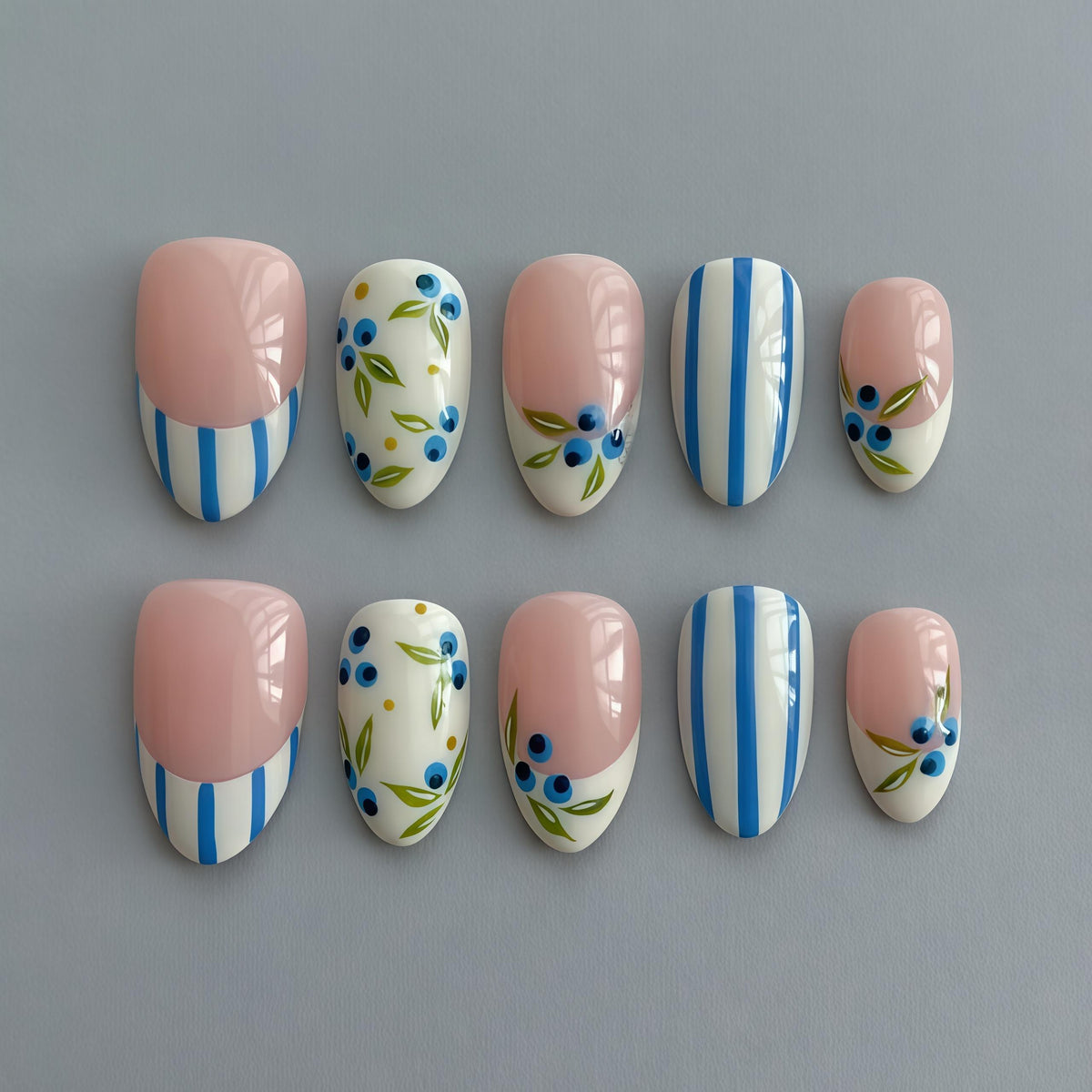 Blueberry Botanical Striped Press On Nails