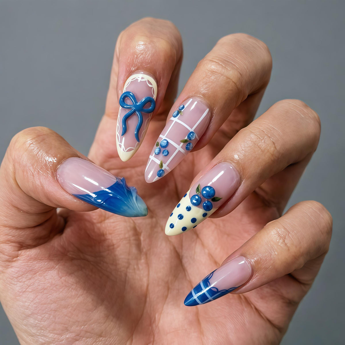 Blueberry Bow Press On Nails with Polka Dots and White Grid Details