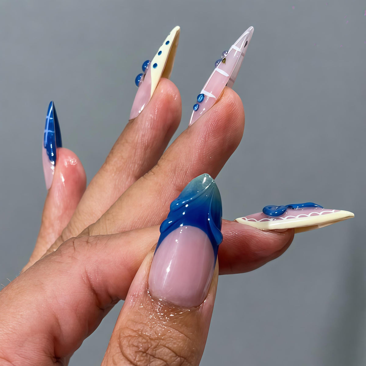 Blueberry Bow Press On Nails with Polka Dots and White Grid Details