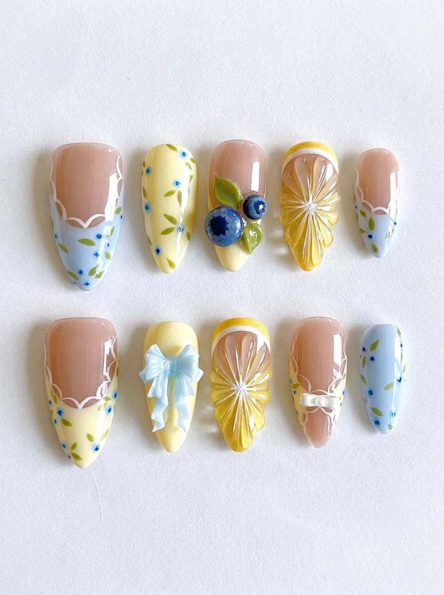 Blueberry Lemon Summer Nails With 3D Fruit, Bow, and Scalloped French Details
