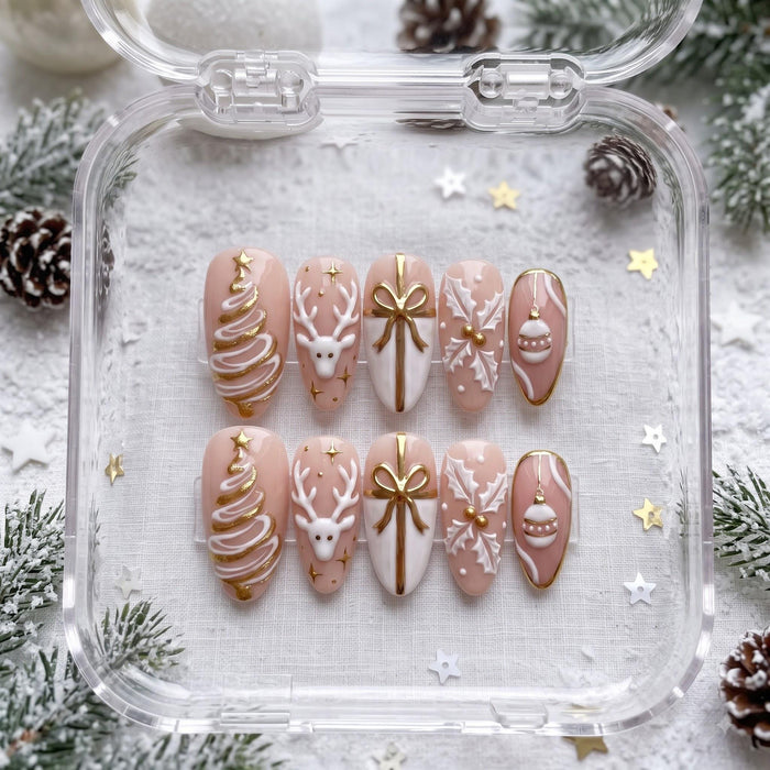Blush Christmas Press On Nails With Gold Reindeer, Trees, Bows and Snowflakes