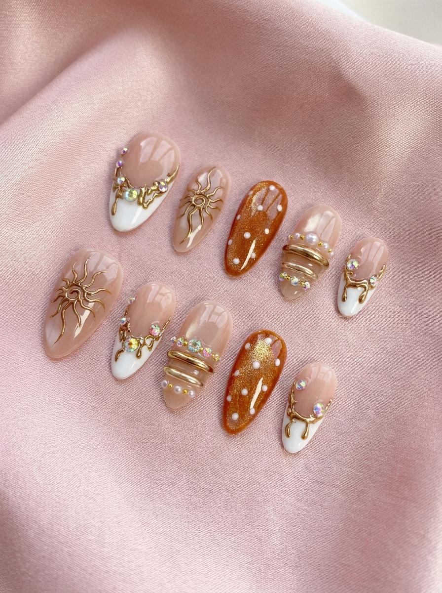 Blush French Tip Nails With Amber Dots, Gold Sun Motifs, and Rhinestones