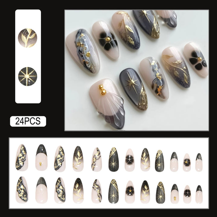 Blush Nude and Charcoal Chrome Floral Celestial Press On Nail Set