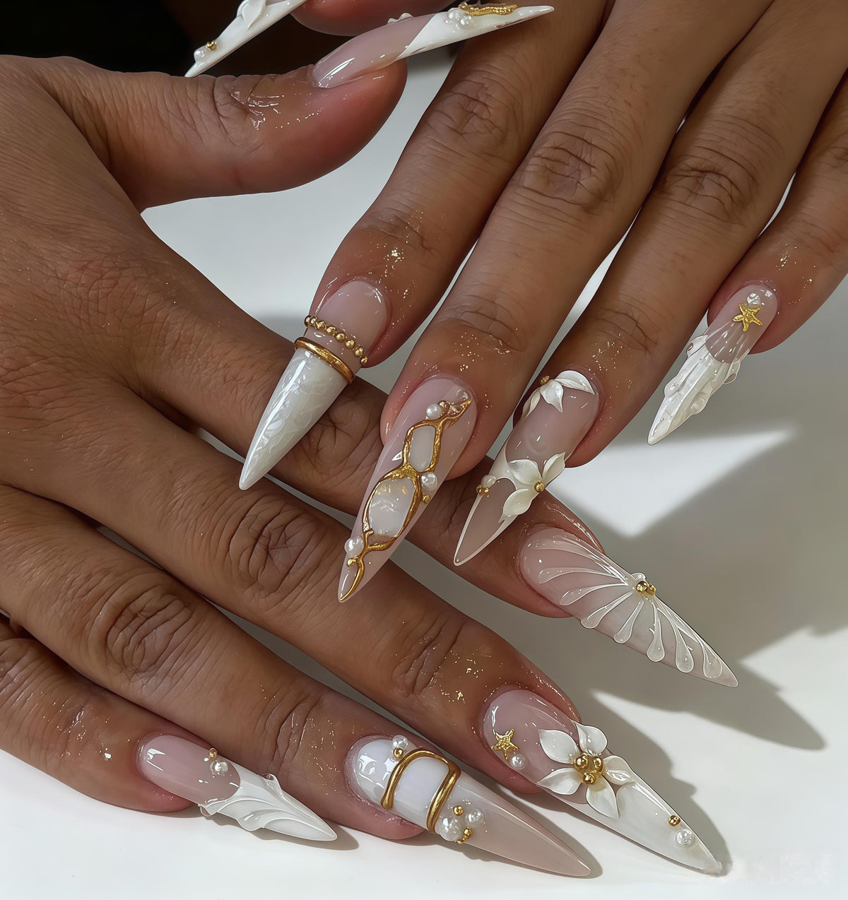 Blush Nude and Ivory Shell Flower Beach Press On Nails with Pearl Starfish and Gold Accents