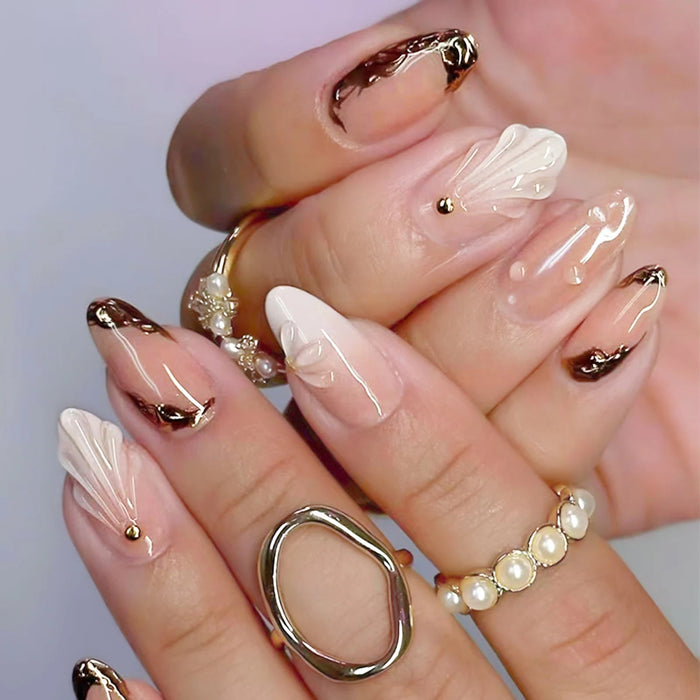 Blush Nude and Milky White Shell Press On Nails with Brown and Gold Details