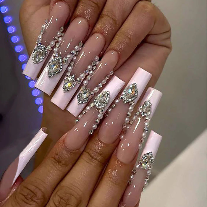 Blush Nude and Pale Pink French Tip Press On Nails with Crystal Rhinestone Details