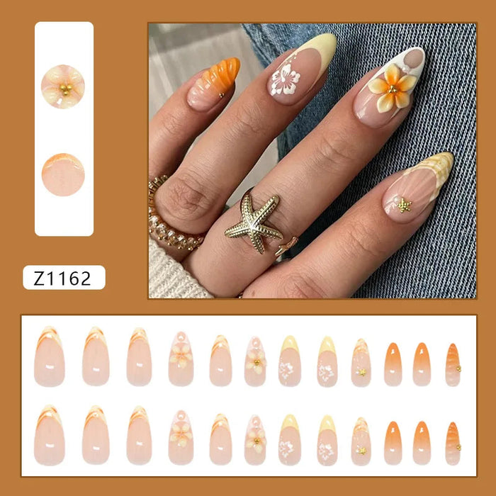 Blush Nude Beach French Tip Press On Nails with Starfish and Raised Tropical Flowers
