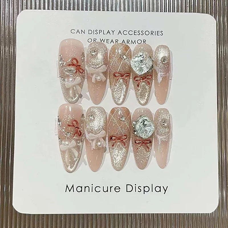 Blush Nude French Tip Nails With Red Bows, White Bows and Crystal Accents