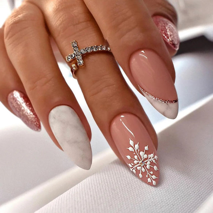Blush Nude French Tip Press On Nails with Rose Gold Glitter, Marble and Snowflake Details