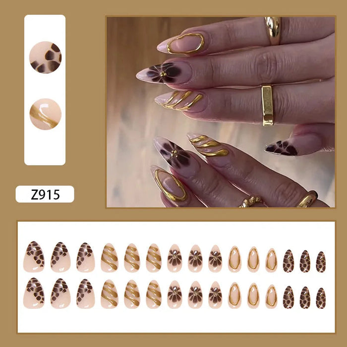 Blush Nude Leopard Print Press On Nails with Gold Chrome Outlines and Starburst Accents