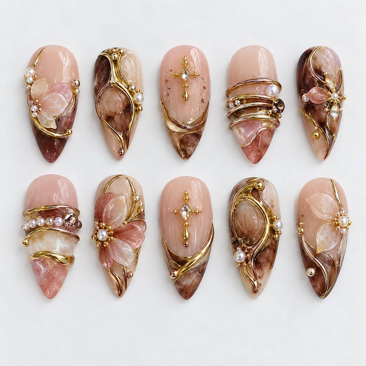 Blush Nude Marble Press On Nails With 3D Flowers, Gold Swirls, Pearls and Rhinestones
