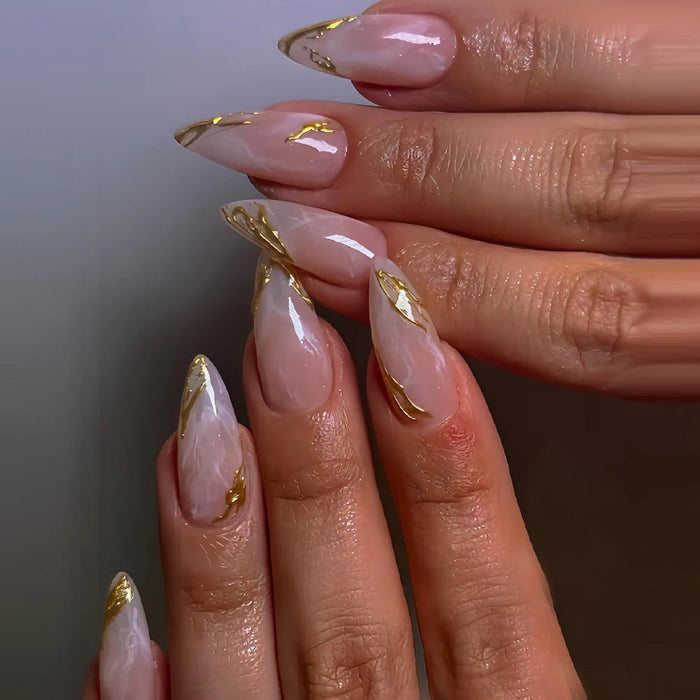 Blush Nude Marble Press On Nails with White and Gold Accents