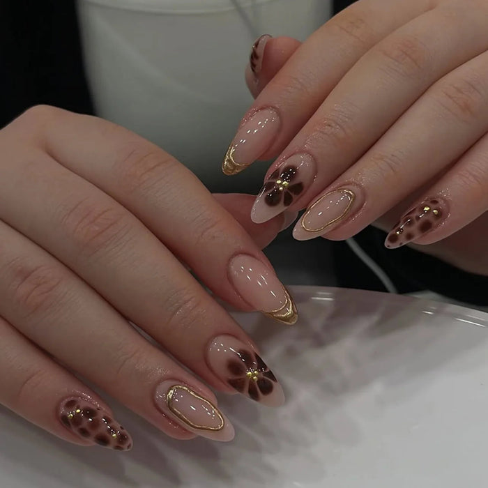 Blush Nude Press On Nails With Gold French Tips and Brown Flowers